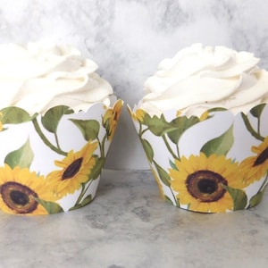 SUNFLOWERS on White Background CUPCAKE WRAPPERS  /  Scalloped Edge /
