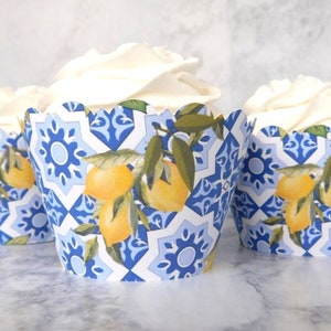 BLUE TILE LEMONS Cupcake Wrappers Scalloped Edge Smooth Finish Baby Shower Citrus Mediterranean Blue Tuscan Azulejo Santorini Sicilian