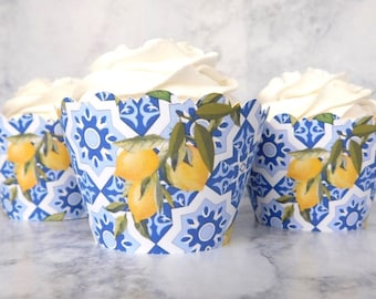 AMALFI COAST Blue Tile Lemons Cupcake Wrappers - Scalloped Edge, Smooth Finish, Baby Shower, Citrus, Mediterranean, Tuscan, Sicilian