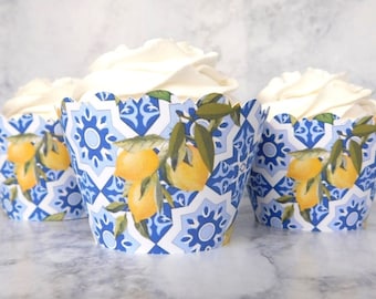 BLUE TILE LEMONS Cupcake Wrappers Scalloped Edge Smooth Finish Baby Shower Citrus Mediterranean Blue Tuscan Azulejo Santorini Sicilian