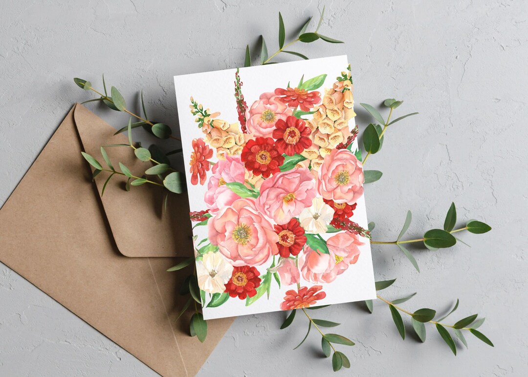 Pink Red Floral Mix Watercolor Card Set / Blank Note Cards / Folded ...