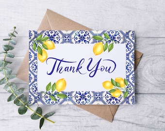 BLUE TILE LEMON Thank You Card Set / Blank Note Cards / Folded Note Cards / Thank You