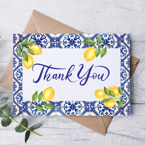 BLUE TILE LEMON Thank You Card Set / Blank Note Cards / Folded Note Cards / Thank You