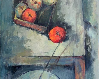 Expressive Painting of Tomatoes on a Table, Post Modern Style