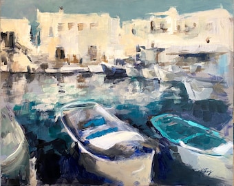 Moorings: Impressionist Painting of a sun drenched harbor
