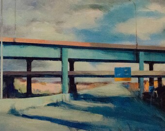 Impressionist Landscape of Bridge and Highway with Sun and Clouds