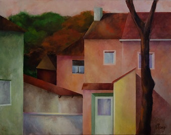 Modern Minimalist Painting of a Village in France