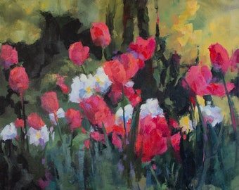 Impressionist Painting of Tulips in a Wooded Garden