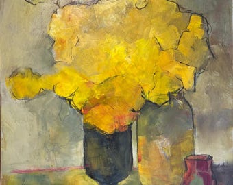 Colorful Yellow Flowers Still Life Painting in Abstract Style
