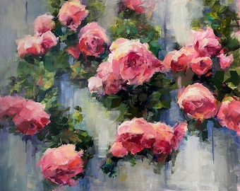 Climbing Roses on a Fence, Impressionist Floral Painting of Pink Roses