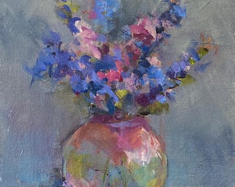 Small Impressionist Painting of Blue and Pink Larkspur in a Vase