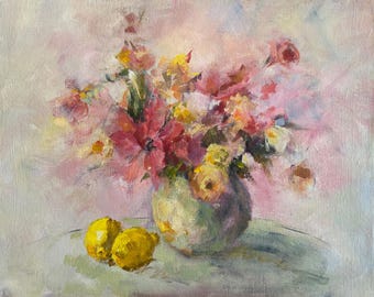 Impressionist Painting of a Poinsettia and other flowers on white