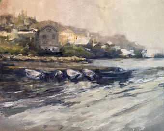 Impressionist Painting of a misty harbor in New England
