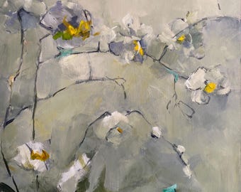 Abstract Impressionistic Painting of Orchids on Gray