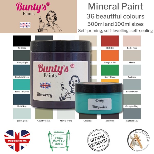 BUNTY'S MINERAL PAINT, water-based furniture paint, crafting upcycling, 36 colours, satin finish, indoor and outdoor use, 500 ml & 100 ml