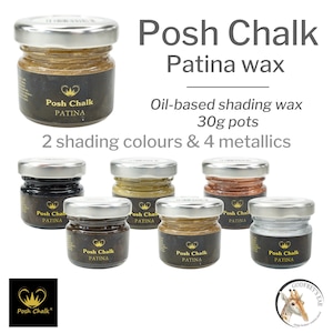 May include: A selection of small glass jars of Posh Chalk Patina wax with silver lids. The jars contain oil-based shading wax in various colours, including metallic and shading colours. Text on the image reads "Posh Chalk Patina wax" and "30g pots."