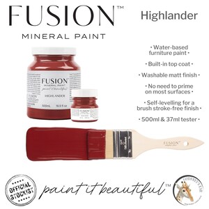 May include: Image of Fusion Mineral Paint in Highlander. The image shows two paint jars, a brush with a swatch of red paint, and the text "paint it beautiful". The paint is water-based and has a built-in top coat.