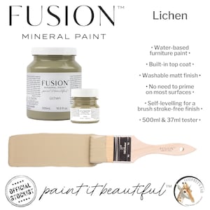 May include: A 500ml bottle of Fusion Mineral Paint in the colour Lichen. The paint is a light green-grey colour. The bottle is labelled with the Fusion logo and the words "paint it beautiful". The paint is water-based, self-levelling, and has a built-in top coat. It is also washable and has a matte finish.