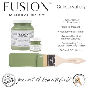 Fusion Mineral Paint, Conservatory, mid-green furniture paint, water-based furniture paint, no brush marks, eco friendly paint, 500ml & 37ml