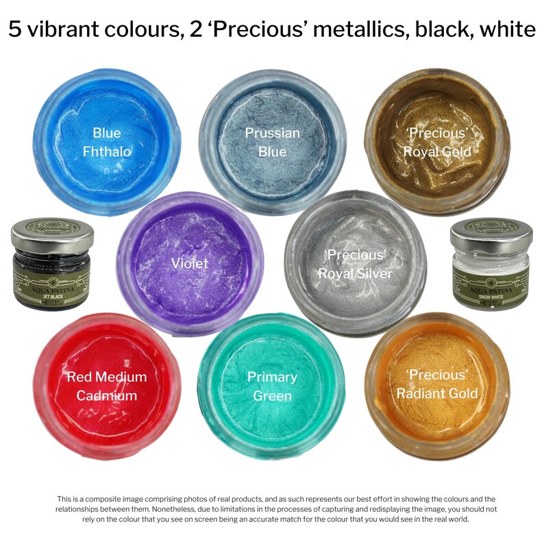 May include: Assortment of paint colors in small jars, including blue, green, red, violet, and two metallic golds. The jars are labeled with the color names, including 'Precious' Royal Gold, 'Precious' Radiant Gold, and 'Precious' Royal Silver.