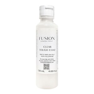 May include: A clear bottle of Fusion Mineral Paint Tough Coat, a matte wipe-on poly that is non-yellowing. The bottle is 4.05 fluid ounces and contains 120 milliliters of product.