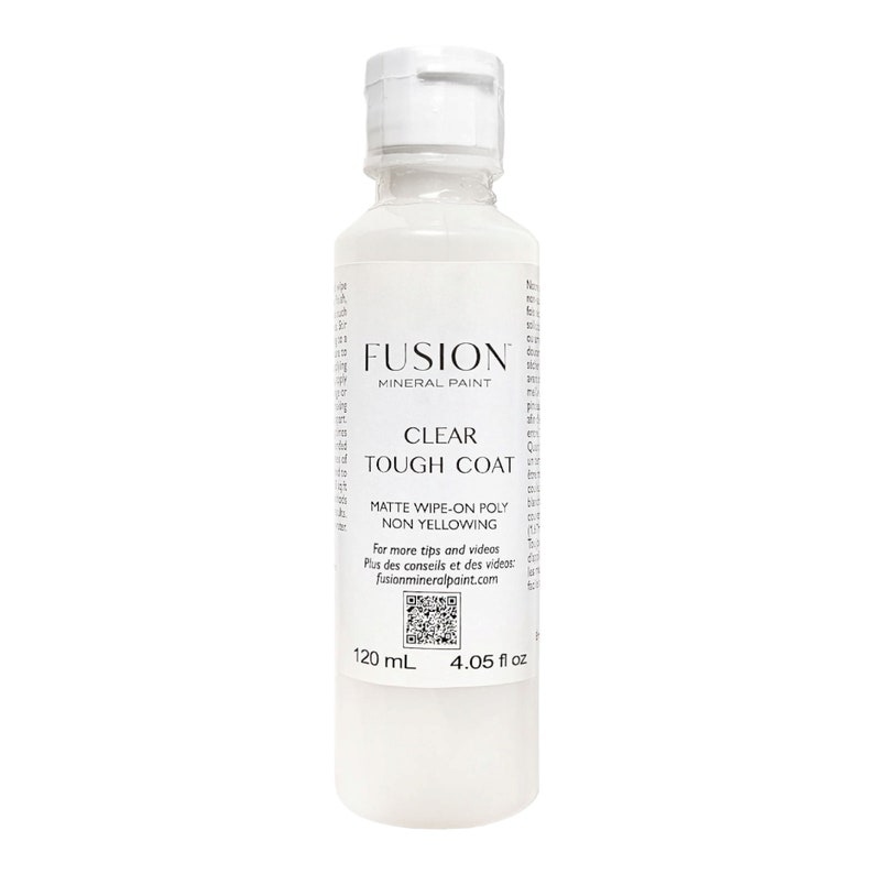 May include: A clear bottle of Fusion Mineral Paint Tough Coat, a matte wipe-on poly that is non-yellowing. The bottle is 4.05 fluid ounces and contains 120 milliliters of product.