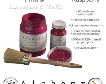 May include: A 500ml jar of Raspberry Alchemy Limestone & Chalk paint by Fusion. The paint is a vibrant pink color and is shown next to a smaller 120ml jar of the same paint. The text "Alchemy by Fusion" is visible on the label of the jar. The paint is water-based and designed for furniture.