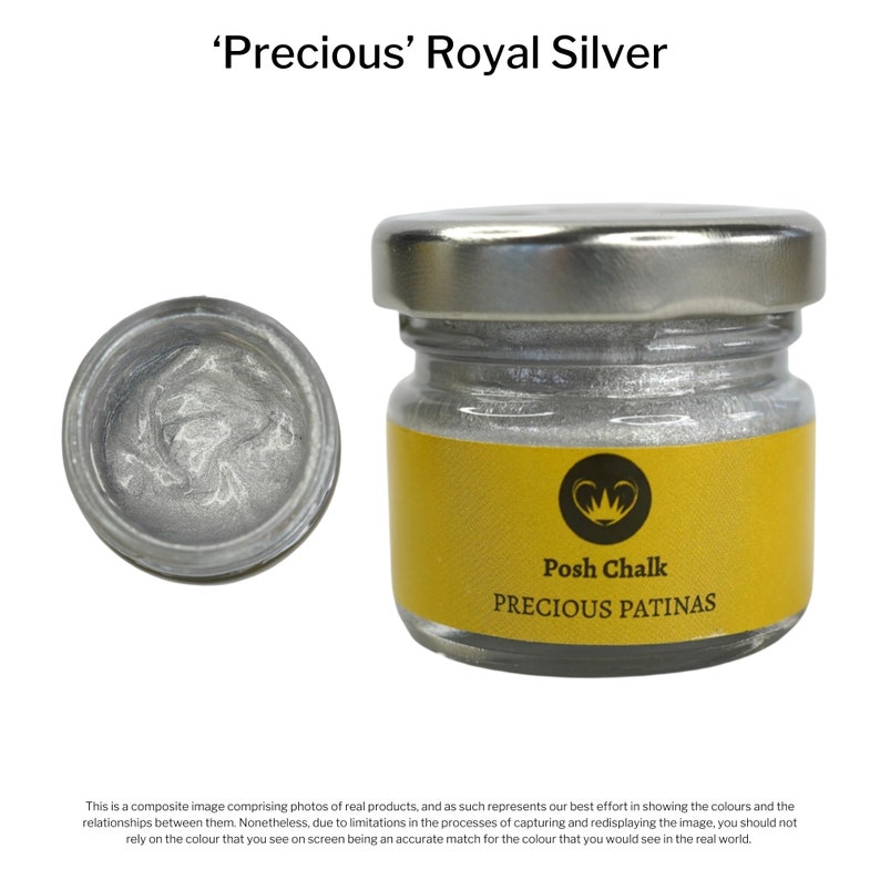 May include: A small jar of silver metallic paint labeled 'Precious Patinas' by Posh Chalk.