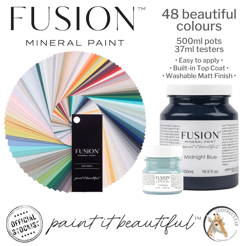 May include: A color chart of 48 paint colors in a fan deck format. The chart is labeled "Fusion Mineral Paint" and "paint it beautiful". There are two bottles of paint, one is a 16.9 fl oz bottle of Midnight Blue Fusion Mineral Paint and the other is a 1.2 fl oz tester bottle of Champers Fusion Mineral Paint.