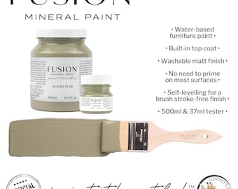 May include: Two bottles of Fusion Mineral Paint in the color Acadia Pear. The larger bottle is 16.9 fluid ounces and the smaller bottle is 37 milliliters. The paint is water-based, self-leveling, and has a built-in top coat. The paint is shown with a paintbrush and the text "paint it beautiful".