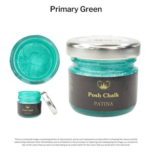 May include: A small glass jar of teal green metallic paint with a silver lid. The jar has a black label with the words "Posh Chalk" and "PATINA" in gold lettering. The paint is labeled as "Primary Green".