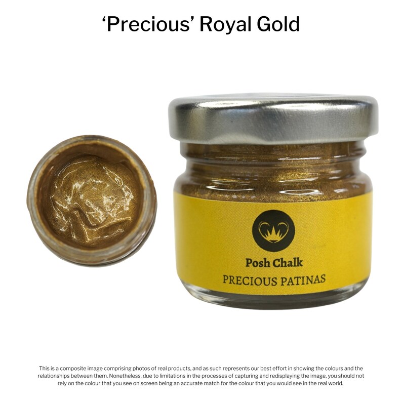 May include: A small jar of gold metallic paint labeled 'Precious Patinas' by Posh Chalk. The jar is open and the paint is visible.