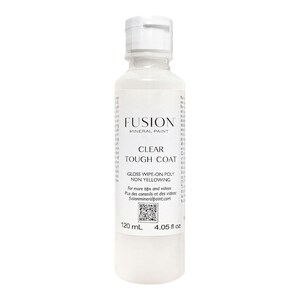 May include: A clear bottle of Fusion Mineral Paint Tough Coat, a gloss wipe-on poly that is non-yellowing. The bottle is 120 ml or 4.05 fl oz.
