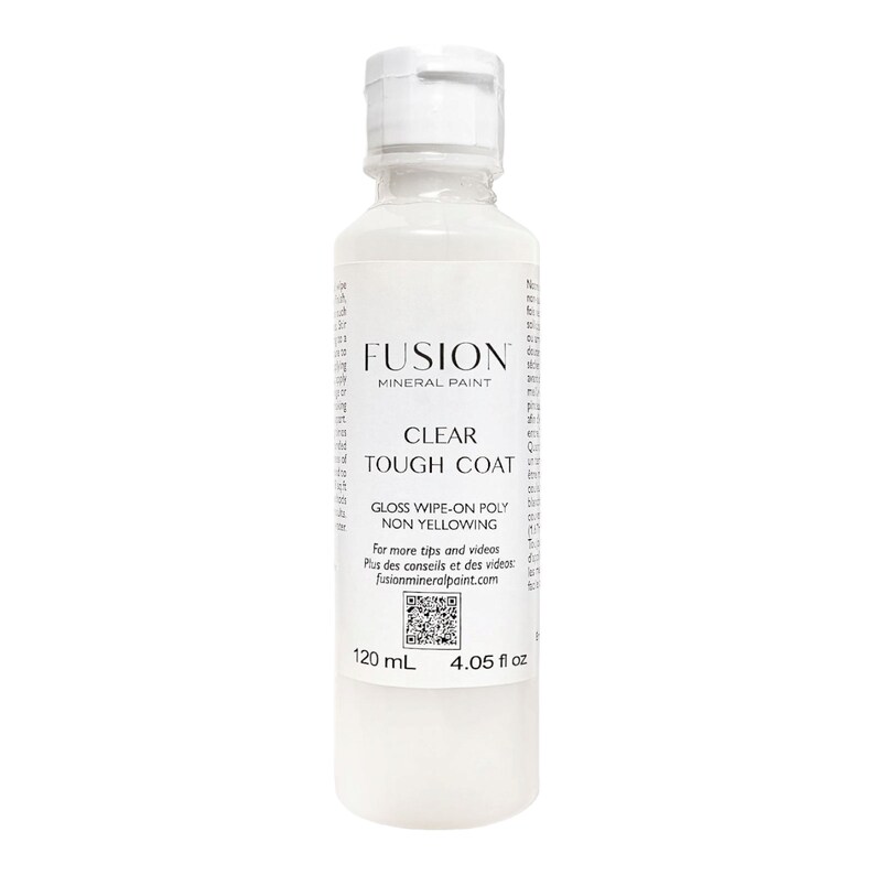 May include: A clear bottle of Fusion Mineral Paint Tough Coat, a gloss wipe-on poly that is non-yellowing. The bottle is 120 ml or 4.05 fl oz.