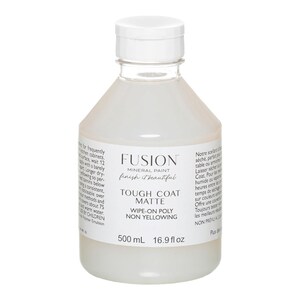 May include: A clear plastic bottle of Fusion Mineral Paint Tough Coat Matte Wipe-On Poly Non Yellowing sealant. The bottle is 500 ml or 16.9 fl oz.