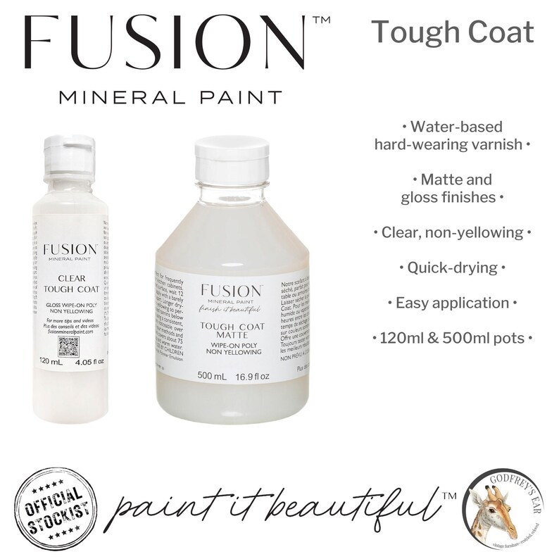 May include: Two bottles of Fusion Mineral Paint Tough Coat, one in clear gloss and one in matte finish. Both bottles are labeled with the Fusion logo and product information. The bottles are 120 ml and 500 ml. The text "paint it beautiful" is written in cursive below the bottles.
