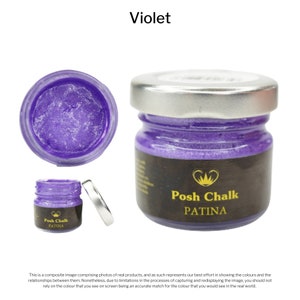 May include: A small jar of violet-colored metallic paint labeled "Posh Chalk PATINA".