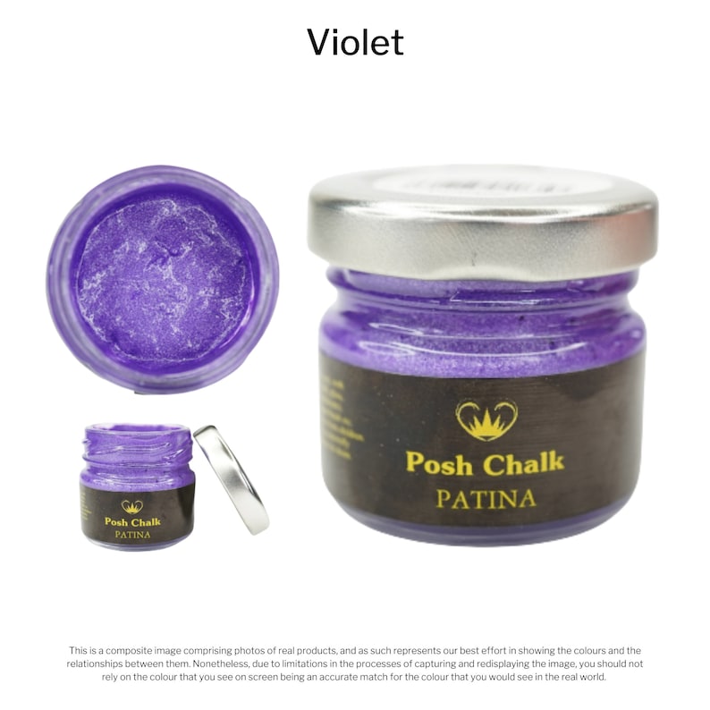 May include: A small jar of violet-colored metallic paint labeled "Posh Chalk PATINA".