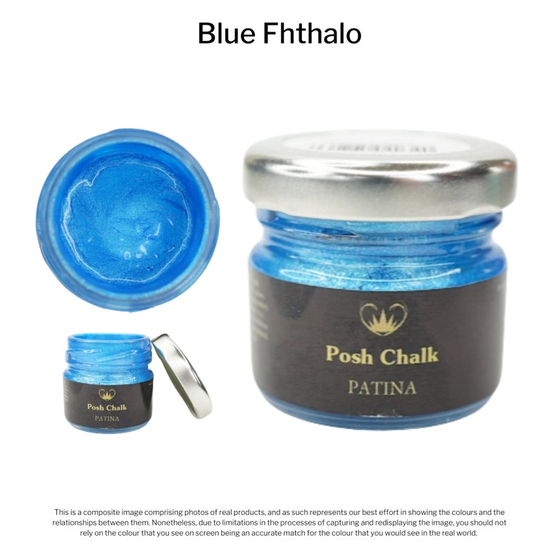 May include: A small jar of blue paint labeled "Posh Chalk PATINA" with the color name "Blue Fhthalo" printed above the jar.