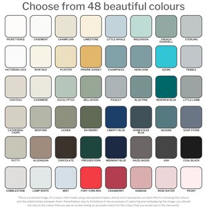 May include: A color chart with 48 paint colors, each color is displayed in a square. The colors are arranged in rows and columns. The names of the colors are listed below each square. The chart is titled "Choose from 48 beautiful colors".