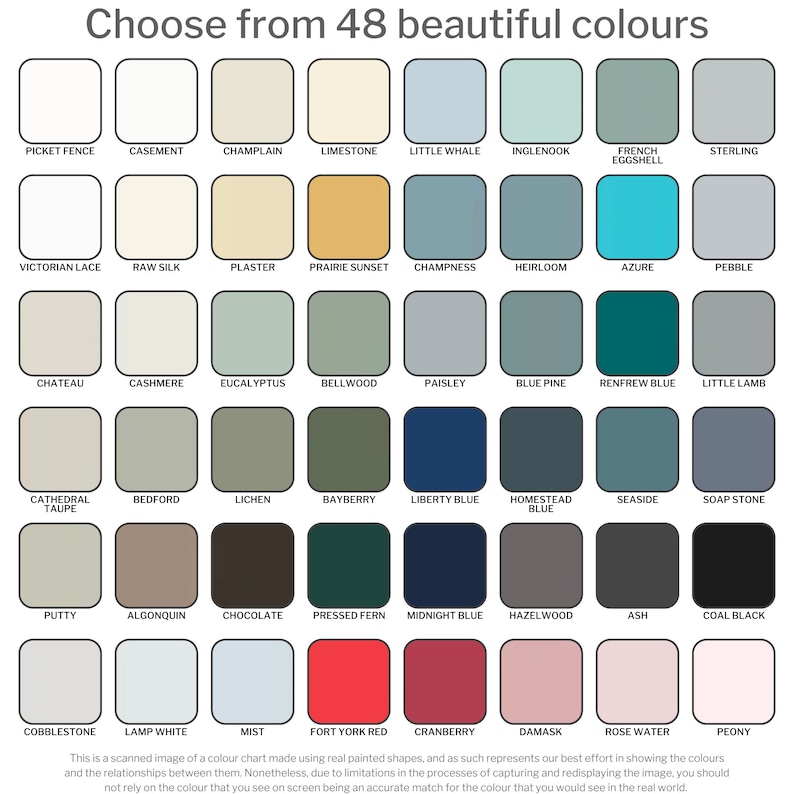 May include: A color chart with 48 paint colors, each color is displayed in a square. The colors are arranged in rows and columns. The names of the colors are listed below each square. The chart is titled "Choose from 48 beautiful colors".