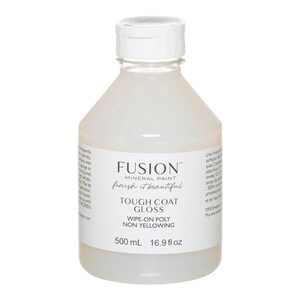 May include: A clear plastic bottle of Fusion Mineral Paint Tough Coat Gloss. The bottle is labeled with the brand name, product name, and size: 16.9 fl oz (500 ml).