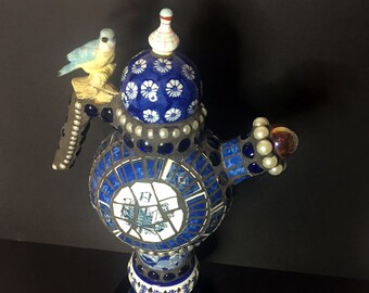 Sculpture, Mississippi Blue Toile, a Mad Hatter Mosaic Mixed Media Art Sculpture