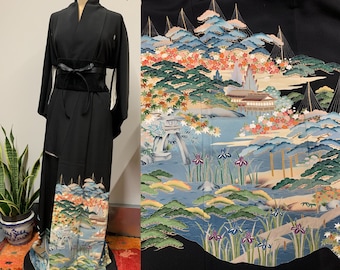 Intricate Vintage Black Silk Tomesode Kimono with Beautiful Japanese Garden Design | Seasonal Flowers, Minka Houses and Water