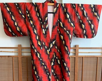 Red Meisen Kimono with Black and Yellow Stripes | Vintage Silk Kimono with Abstract Diamond Pattern