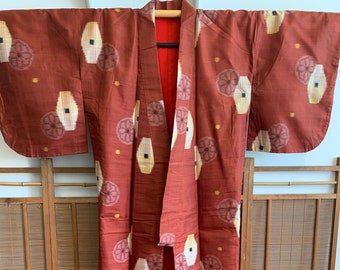 Rust Red Meisen Kimono with Flowers | Vintage Silk Kimono with Yellow and Grey Flower Pattern