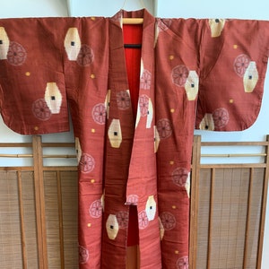 Rust Red Meisen Kimono with Flowers | Vintage Silk Kimono with Yellow and Grey Flower Pattern