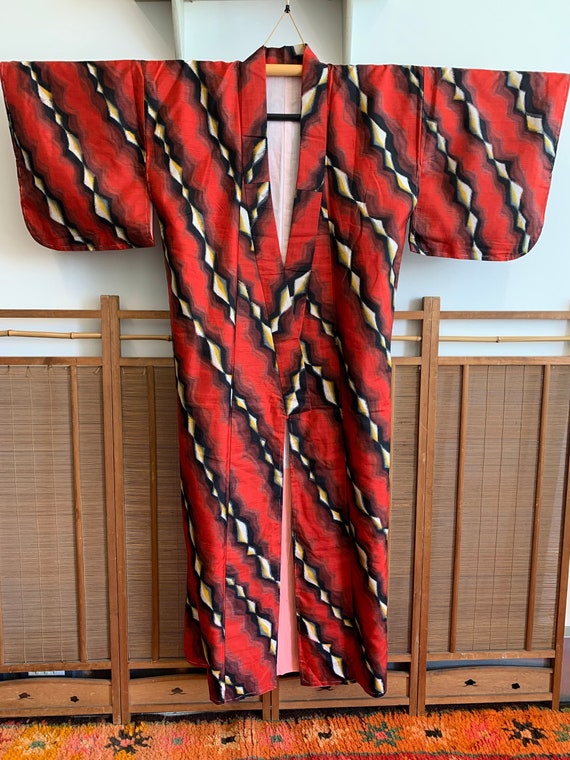 Red Meisen Kimono with Black and Yellow Stripes |… - image 1