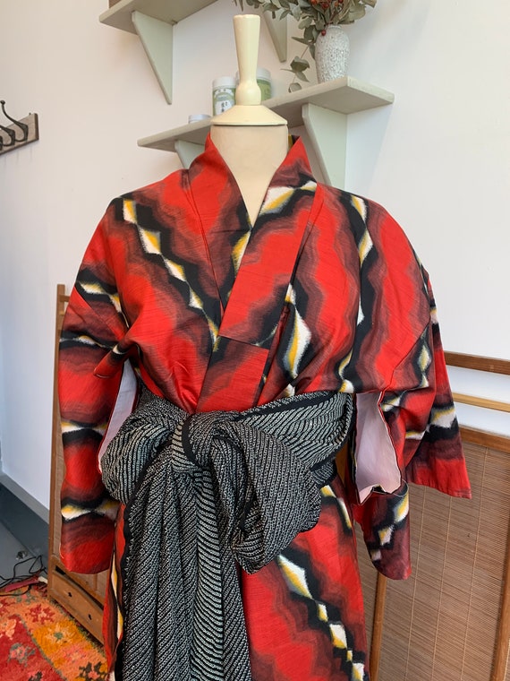 Red Meisen Kimono with Black and Yellow Stripes |… - image 6