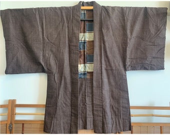 Men's Brown Tsumugi Silk Haori with Brown, Blue and Cream Silk Lining | Brown Woven Silk Kimono Jacket